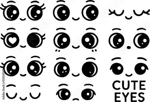 Cute sticker eyes vector set featuring adorable cartoon expressions, big sparkling eyes, winking, surprised, happy, sad, and emotional eye designs for kawaii characters.

