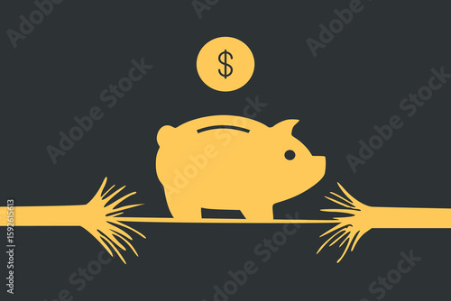 Yellow Piggy Bank on Fraying Rope Representing Financial Instability