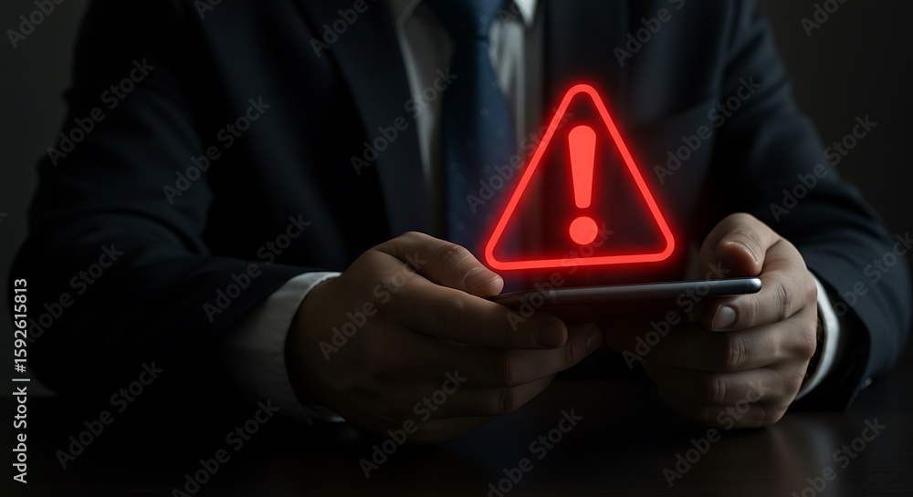 A businessman is holding a phone with a warning alert A businessman is holding a phone with a warning alert