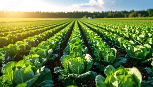 Lush green cabbage field under sunlight