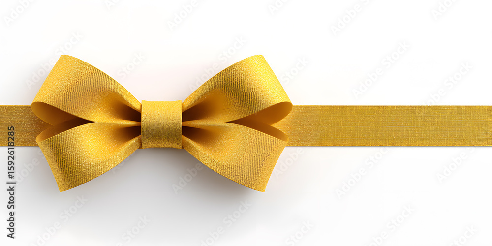 Fototapeta premium Shiny gold ribbon bow isolated on white background. Perfect for gift packaging, festive branding, or elegant design elements.