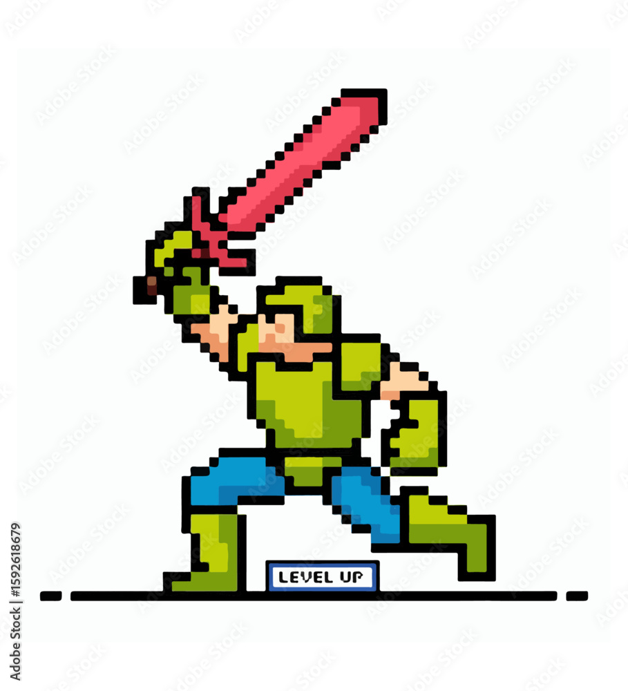 Fototapeta premium Pixel Art Warrior with Sword and Level Up Text
