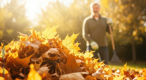 Fototapeta Naklejka Na Ścianę i Meble -  Man raking autumn leaves in backyard with warm sunlight in fall season.