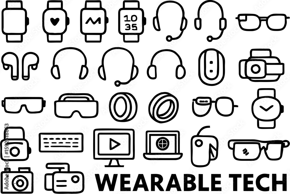 Fototapeta premium Wearable tech pictogram set featuring smartwatches, fitness trackers, VR headsets, smart glasses, biometric sensors, health monitoring, and connected devices.