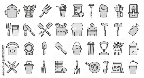 A linear illustration showcasing various garden implements, embodying themes of cultivation, botany and backyard care, ideal for gardening and agriculture related designs.