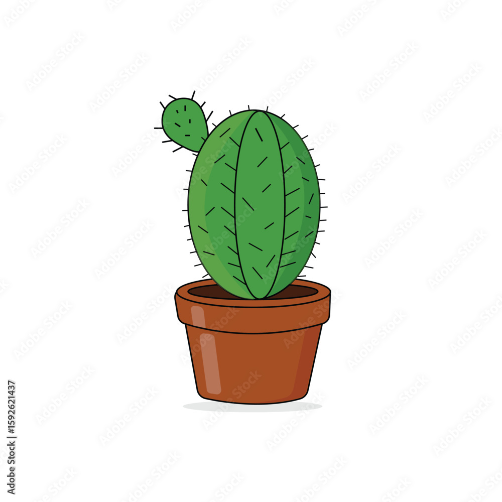 Obraz premium Cute Cartoon Cactus in Brown Pot – Hand Drawn Vector Illustration with Spikes on White Background