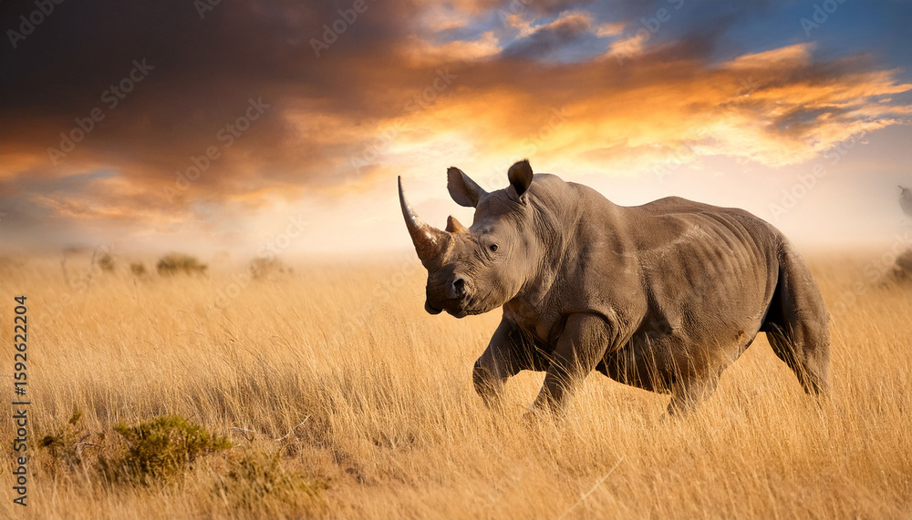 Obraz premium majestic rhino charging through golden grassland under dramatic sky