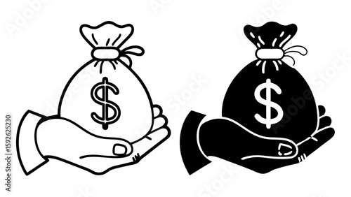 Hand Holding Money Bag Icons in Outline and Solid Black Vector Style