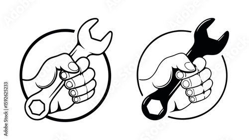 Hand Holding Wrench Repair Icons in Outline and Solid Black Vector Style