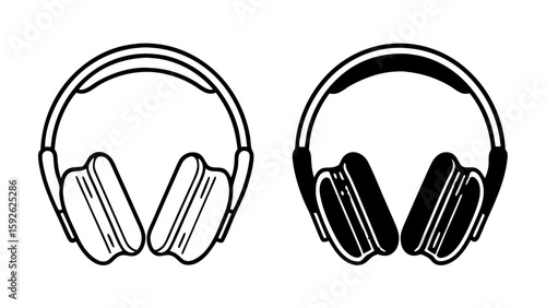 Headphone Icons in Outline and Solid Black Vector Style