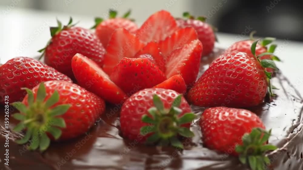 Chocolate Cake Adorned With Fresh Strawberries For Dessert Chocolate Cake Adorned With Fresh Strawberries For Dessert