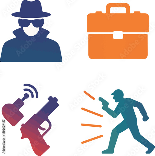 Spy and Crime Silhouette Icons Set – Secret Agent, Gun, Briefcase, Thief
