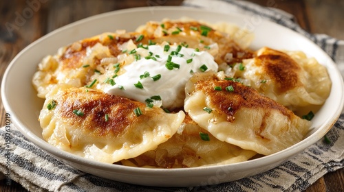 Crispy pierogi topped with sour cream and chives