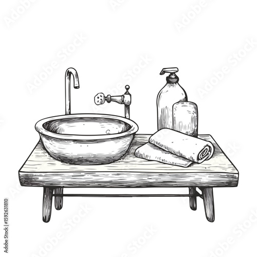 Vintage washboard and cleaning supplies sketch