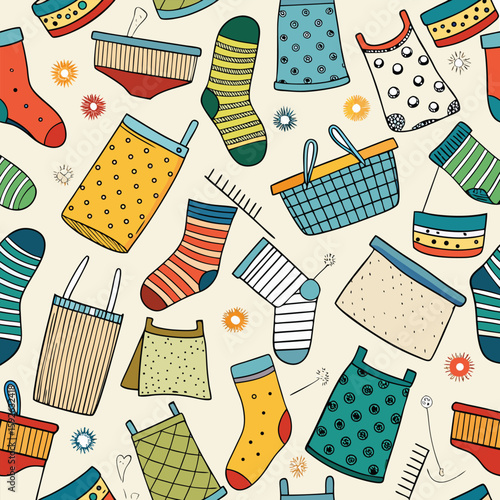 Colorful handdrawn doodle seamless pattern with socks,baskets,aprons,brushes and combs,cheerful kids aesthetic textile design,textile printing and fashion fabric wallpaper