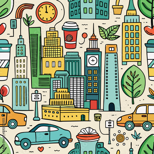 Doodle cityscape handdrawn seamless pattern with buildings cars and coffee cups,depicting vibrant urban life and whimsical design elements,ideal for backgrounds