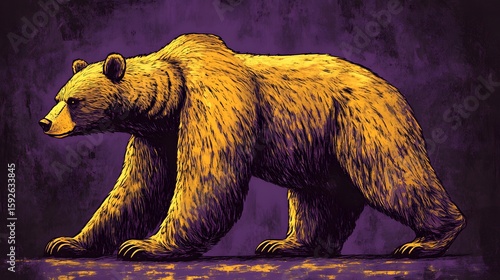 Majestic Golden Grizzly Bear Walking on Purple Background