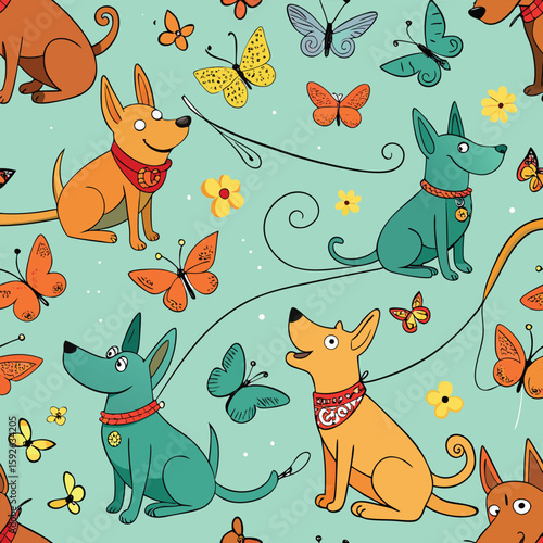 Handdrawn doodle seamless pattern featuring dogs butterflies and flowers cheerful canine design for textile prints and wallpaper playful animal motif on light green background