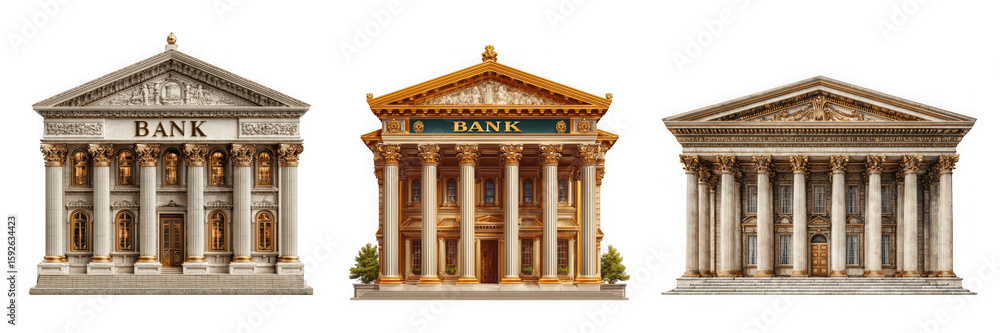 Fototapeta premium Three classical bank buildings with columns and pediments isolated on transparent background