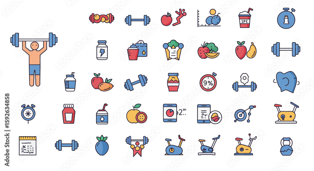 Fototapeta premium A vibrant set of fitness and nutrition icons symbolizing a healthy routine, covering gym equipment, dieting, and nutritional supplements for wellness.