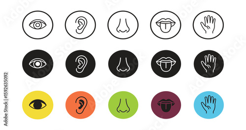 Five senses icon set. Human sense organs. Taste, sight, touch, smell, hearing symbols. Eye, ear, finger, nose and lips signs .Vector illustration .