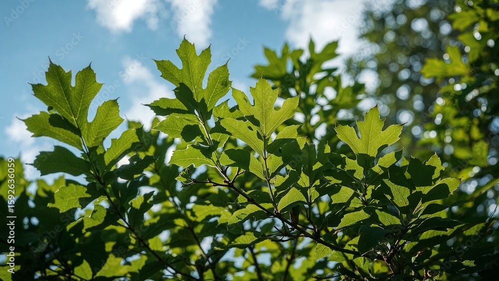 Close-up view of vibrant green leaves against a partly cloudy sky. Close-up view of vibrant green leaves against a partly cloudy sky.