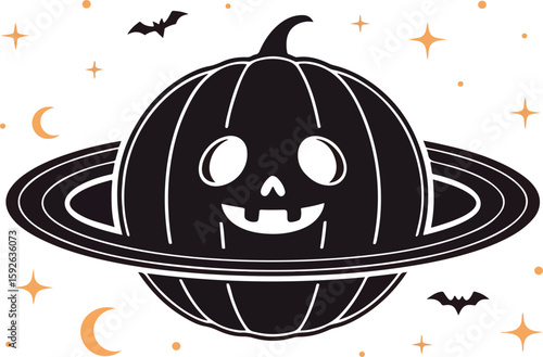 Spooky halloween pumpkin jack o lantern planet with bats and stars decorative illustration