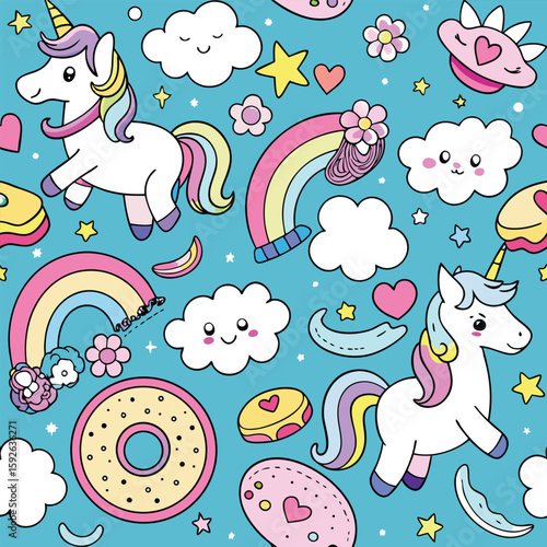 Handdrawn or doodle seamless pattern featuring unicorns rainbows clouds stars flowers hearts and delicious sweets against a soft pastel blue background for childrens themed designs