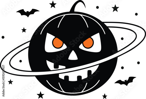 Spooky halloween planet jack o lantern with bats and stars design on white background