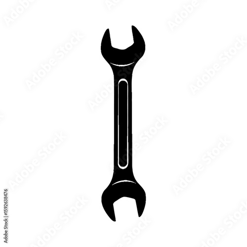 A simple black silhouette of a wrench tool isolated on a white background