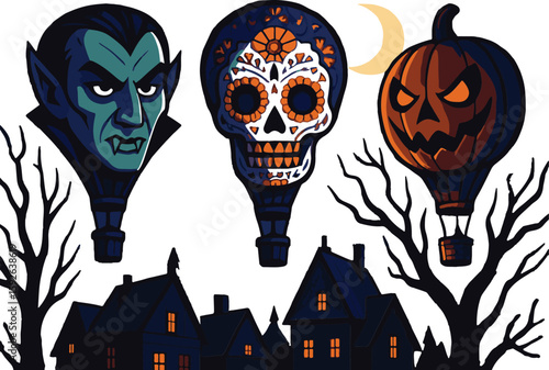 Spooky halloween hot air balloons including dracula skull and jack o lantern over houses