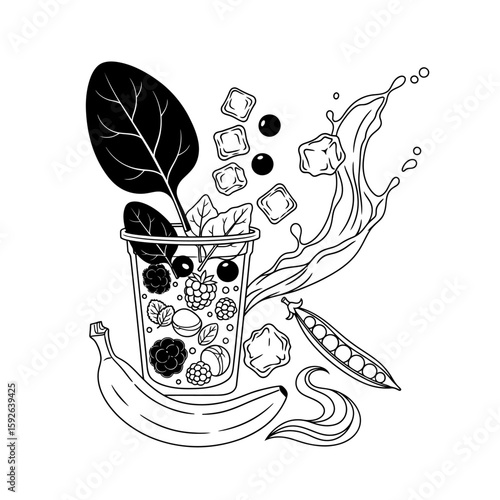 Black and white smoothie with spinach berries and banana illustration art