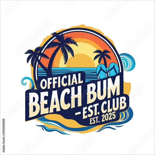 Retro Vintage Beach Bum Club Logo beach t shirt design, summer t shirt design: Palm Trees, Sunset, Ocean Waves, Flip Flops, Established 2025