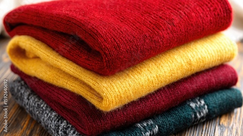 Showcasing folded woolen sweaters in various colors and textures on a dark wood shelf, highlighting luxury men's fashion with natural lighting