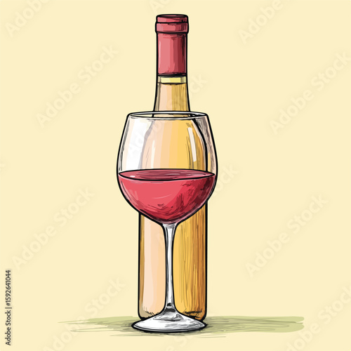 Detailed bottle and glass sketch illustration