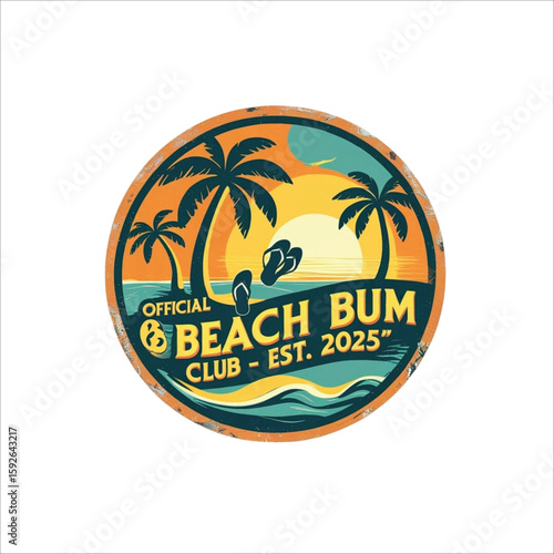 Retro Vintage Beach Bum Club Logo beach t shirt design, summer t shirt design: Palm Trees, Sunset, Ocean Waves, Flip Flops, Established 2025