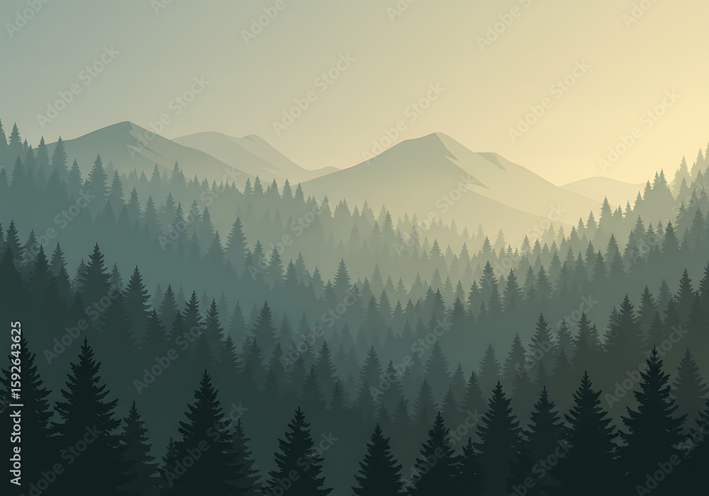 Fototapeta premium A serene illustration depicts a forest valley with layered mountain silhouettes.