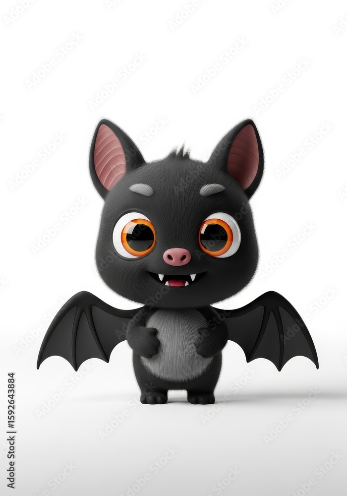 Fototapeta premium Cute Baby Bat Cartoon Character - Adorable black bat with big eyes, small wings, and a friendly expression. Symbolizing: playfulness, cuteness, Halloween, fantasy, nocturnal creatures