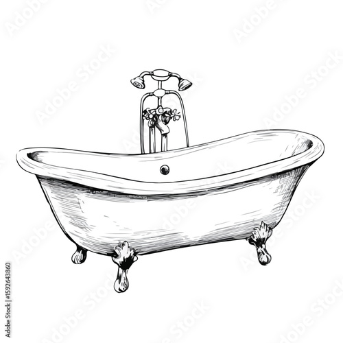 Vintage Bathtub Sketch on White Background