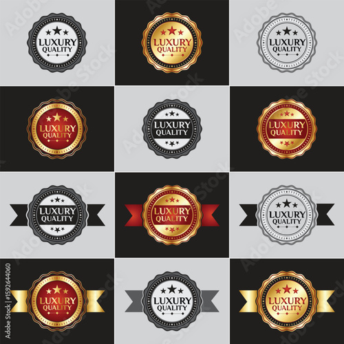 Luxury Quality Badges: A collection of elegantly designed luxury quality badges in various colors and styles, perfect for conveying prestige and premium quality.