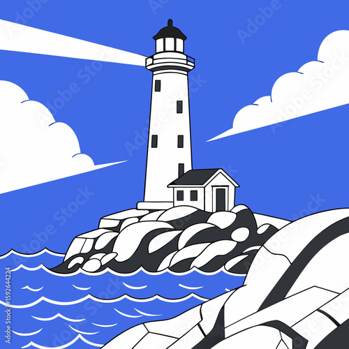 Flat vector illustration of lighthouse on rocky coast silhouette