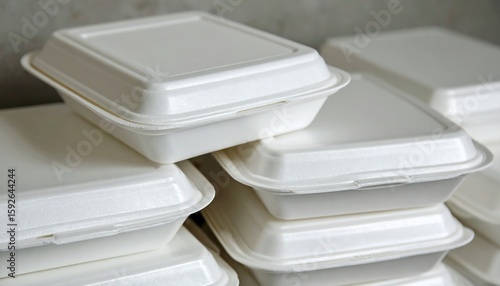 Stacked white disposable food containers on a neutral surface 74 characters