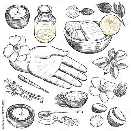 Hand-drawn Spa Set Tools with Flower