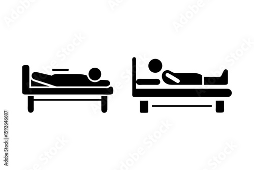 Black vector icons of patients lying in hospital beds, representing rest, recovery, or inpatient care. Simple pictograms for healthcare and medical visuals.