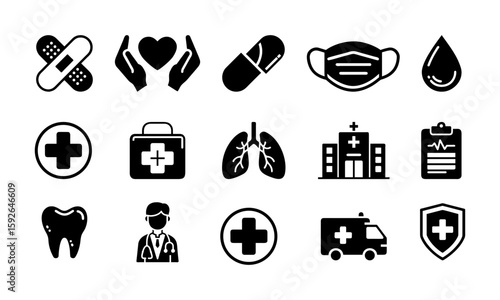 Collection of black vector icons showing dental care, droplet, plaster, medical bag, and hospital-related objects for medical and clinic designs.