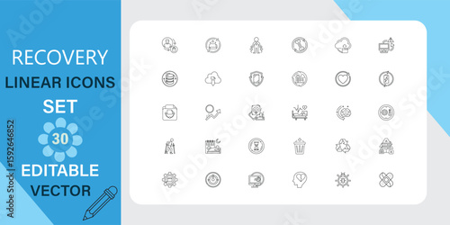 Thirty editable vector linear icons depicting data recovery, restoration, backup, and related processes. 