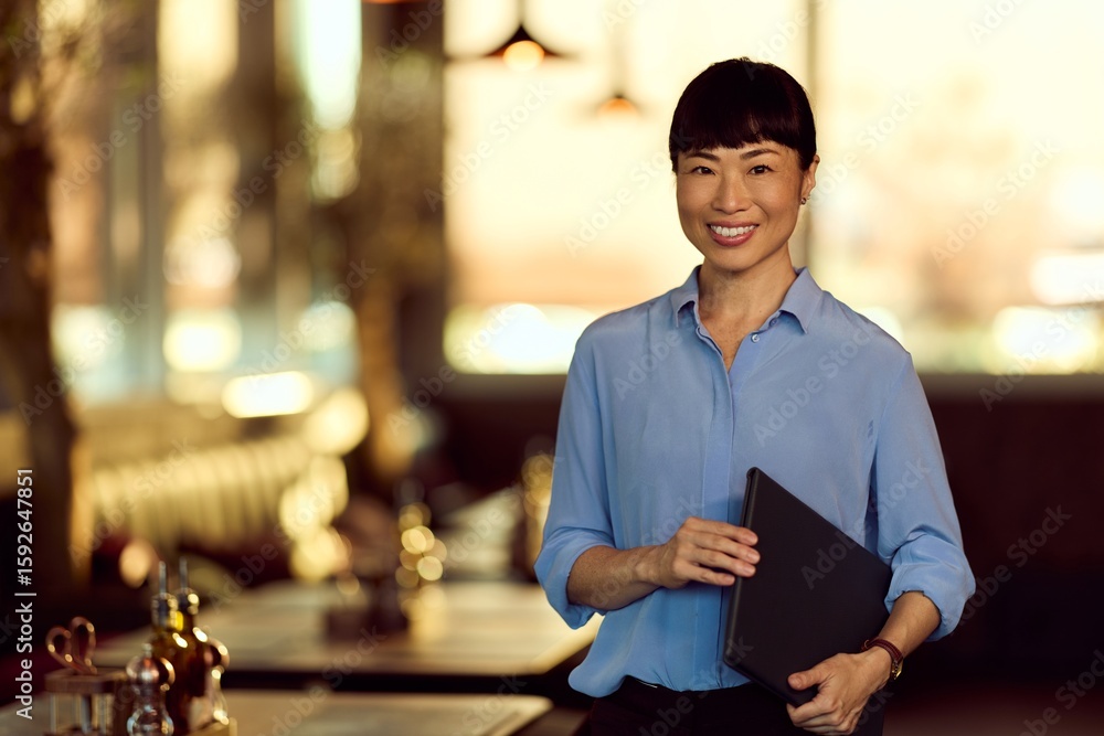Fototapeta premium Smiling Professional Woman Holding Folder in Cozy Restaurant Interior Setting