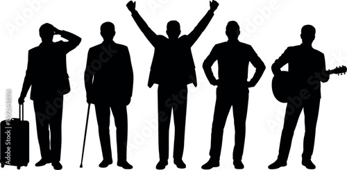 Silhouette men group vector art illustration business people travel guitar stick