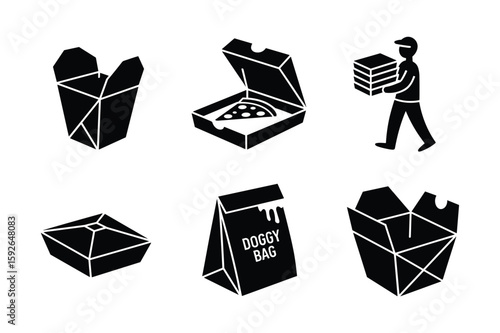 Black food packaging and delivery person icons takeout box pizza box