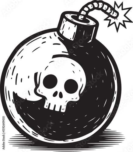 Cartoon bomb with skull design, fuse lit, ready to explode.